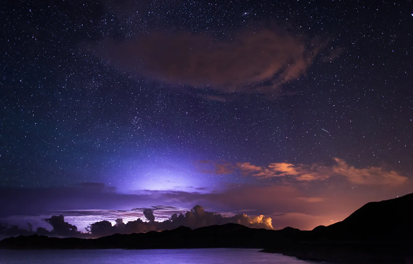 Photo wallpaper the sky, stars, clouds, light, night, silhouettes, mountains