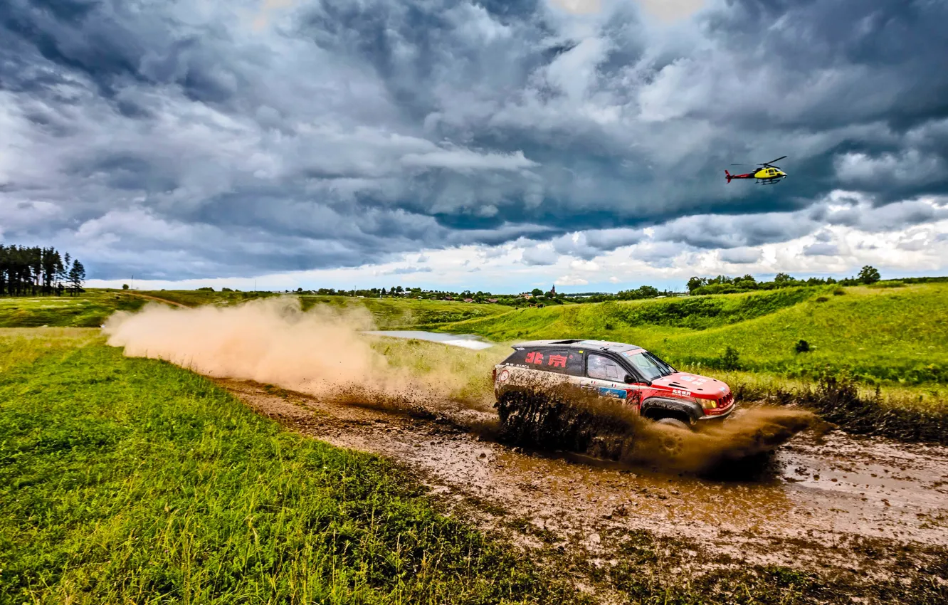 Photo wallpaper Sport, Speed, Clouds, Helicopter, Race, Dirt, Rally, Rally