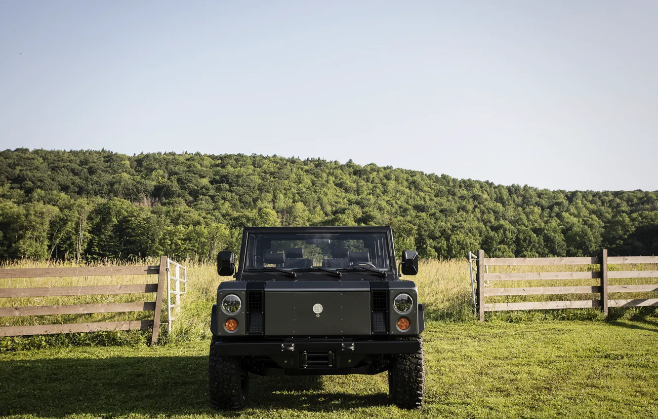 Photo wallpaper greens, the sky, vegetation, the fence, gate, SUV, electric, Bollinger