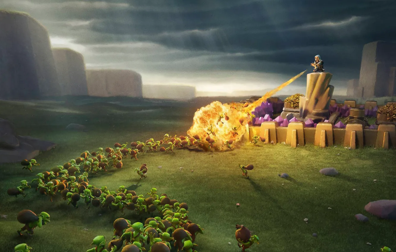 Photo wallpaper fire, battlefield, flame, game, spark, goblins, Clash Of Clans, wiz