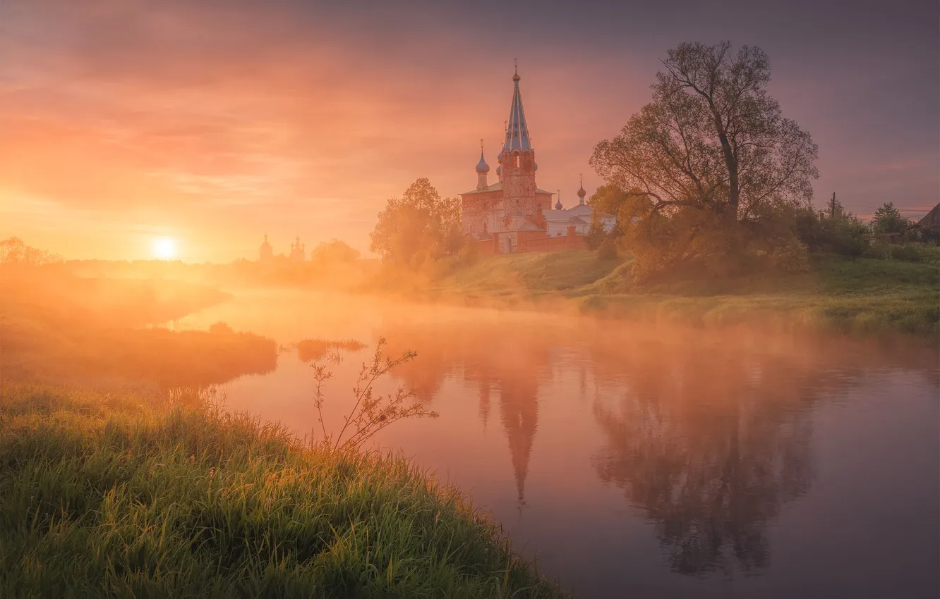 Photo wallpaper grass, trees, nature, river, Church, Dunilovsky dawn