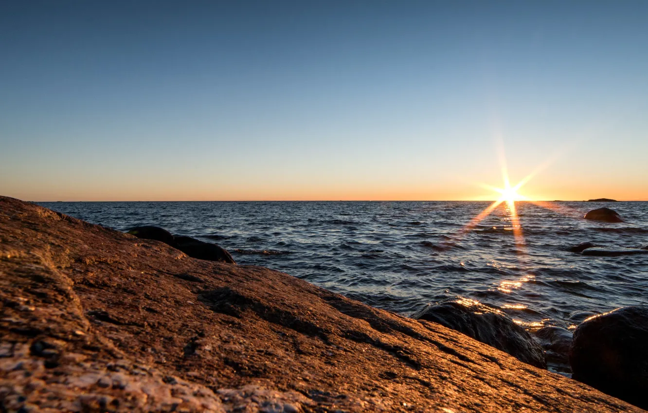 Photo wallpaper sea, sunset, stones, coast, Finland