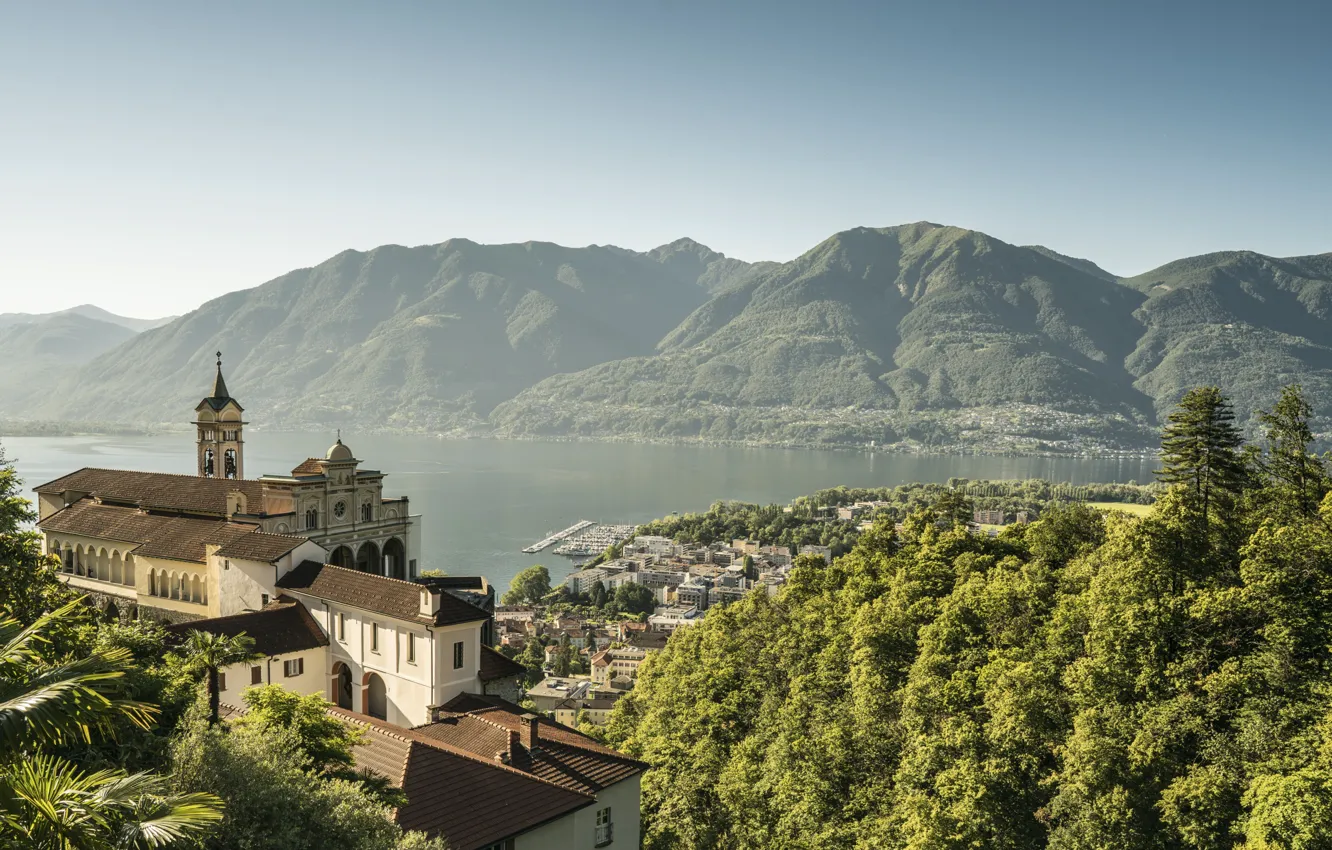 Photo wallpaper mountains, the city, lake, Switzerland, Ticino, Locarno, The monastery Madonna del Sasso, Madonna del Sasso …