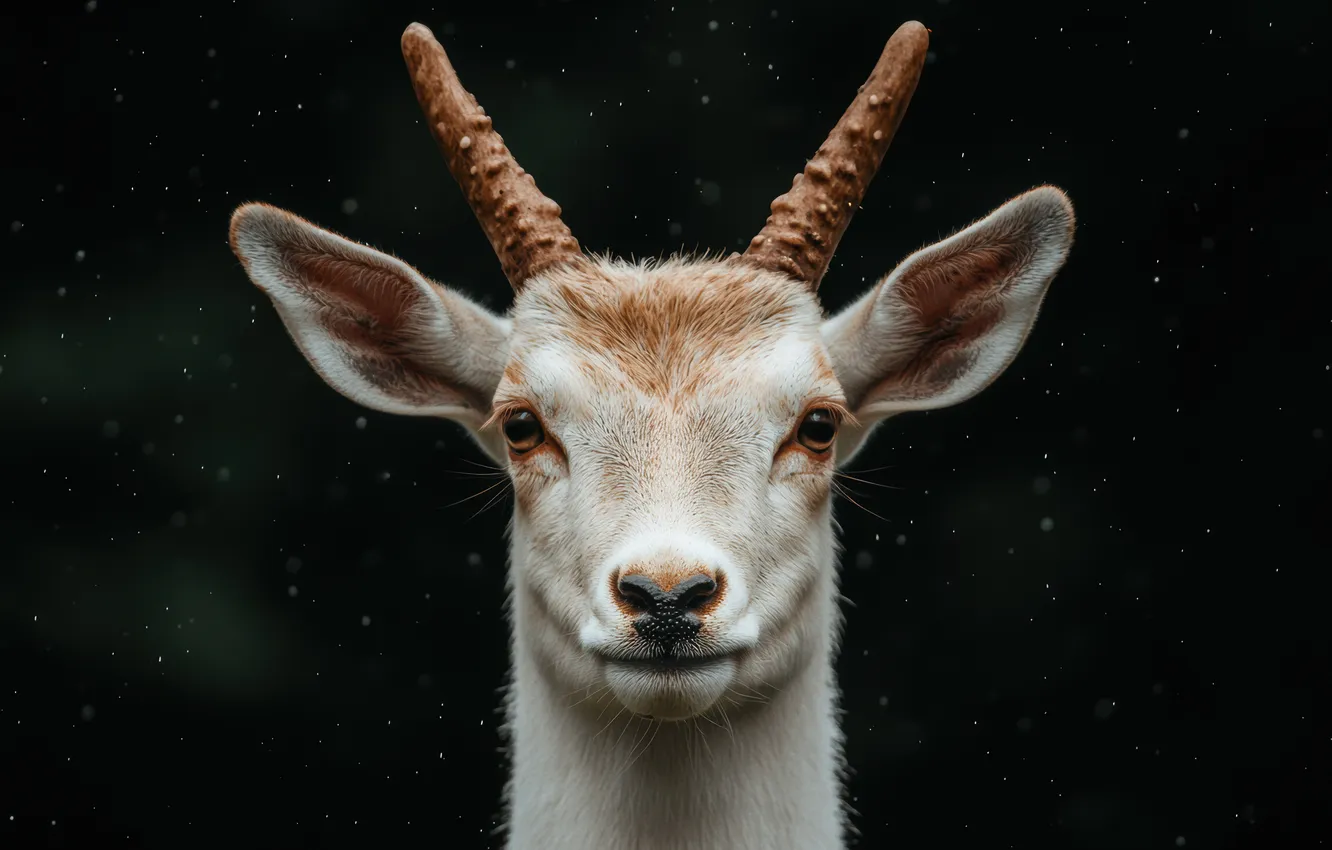 Photo wallpaper white, look, portrait, deer, horns, black background, face, horn