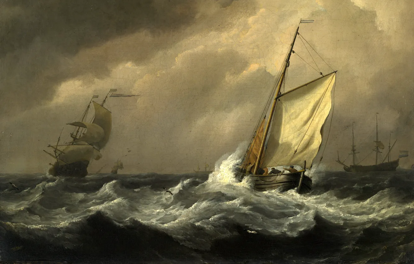 Photo wallpaper sea, wave, storm, ships, storm, picture, painting, sailors