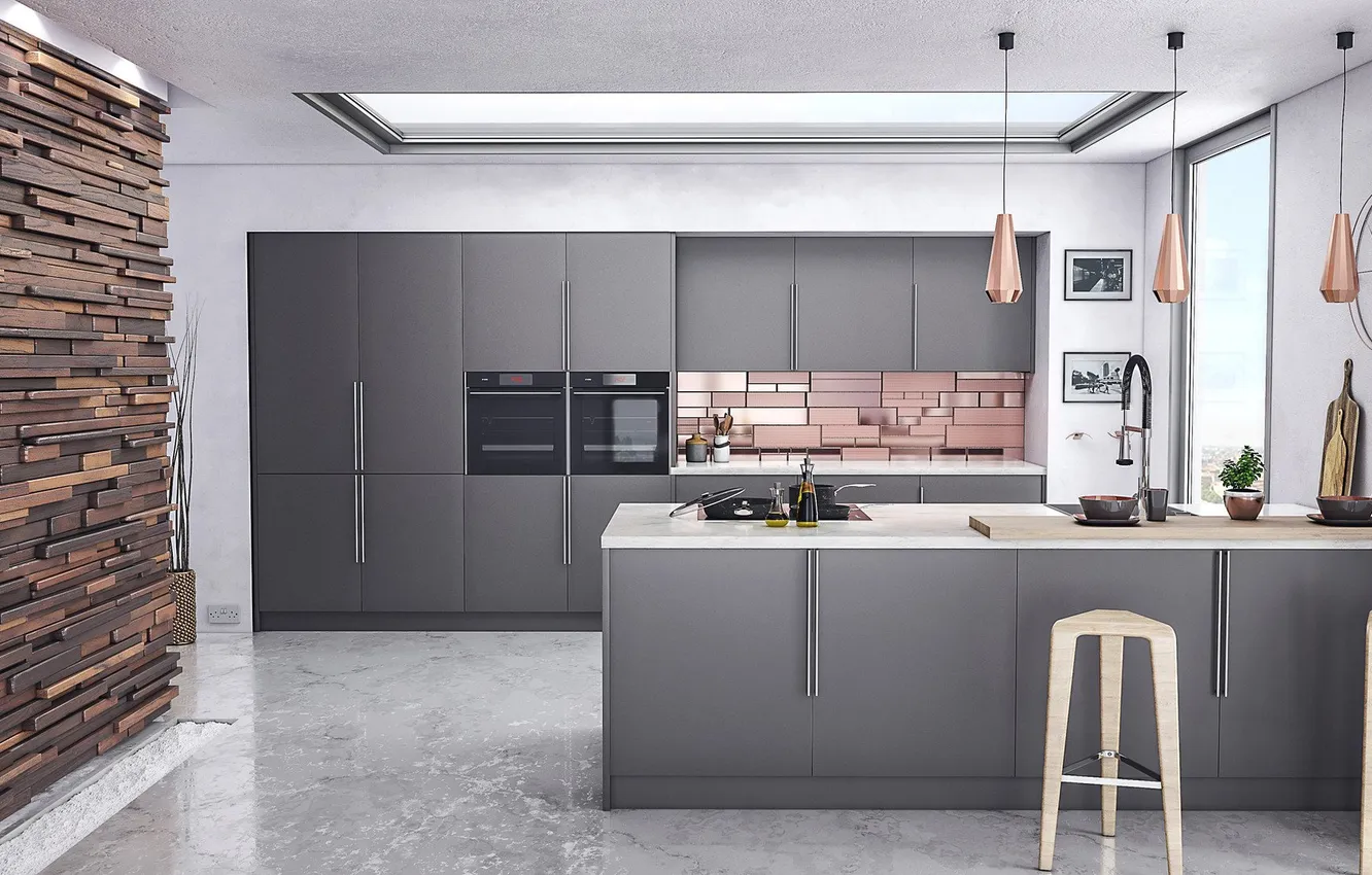 Photo wallpaper style, room, kitchen, graphite, Italian design, wood in the interior