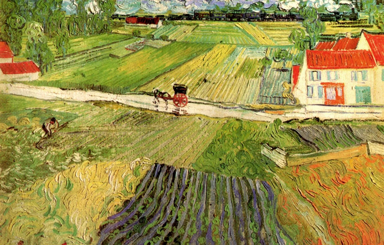 Photo wallpaper landscape, Vincent van Gogh, with Carriage, in the Background, and Train