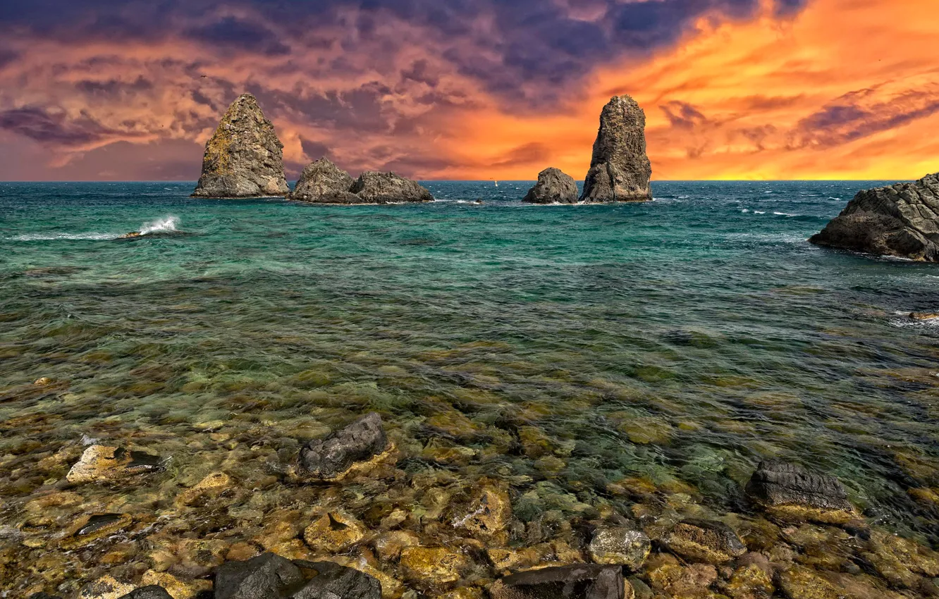 Photo wallpaper sea, the sky, stones, rocks