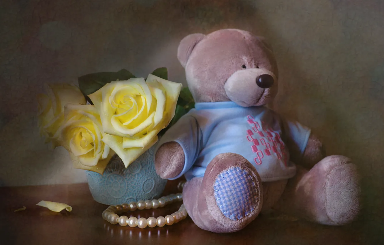 Photo wallpaper joy, flowers, table, toy, roses, bear, pearl, beads