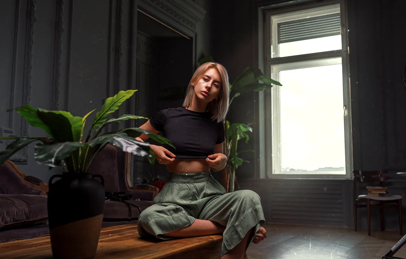 Photo wallpaper girl, pose, room, plants, barefoot, belly, window, t-shirt