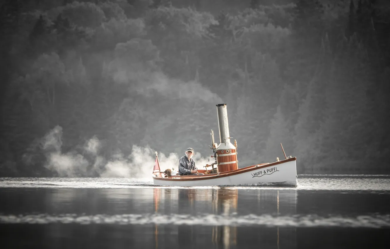 Photo wallpaper river, boat, dog, the old man, steam boat