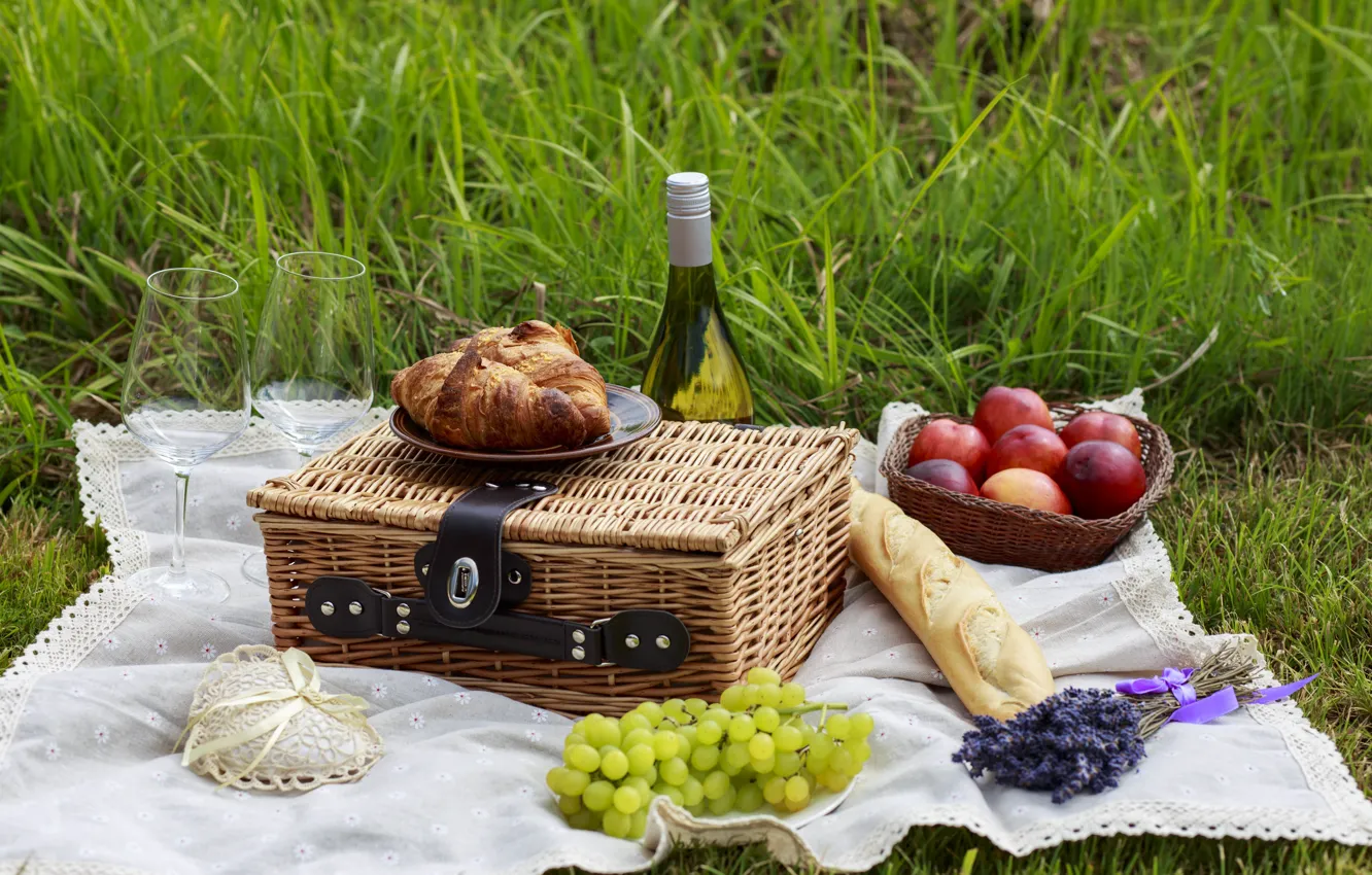 Photo wallpaper nature, wine, basket, apples, glass, grapes, fruit, picnic