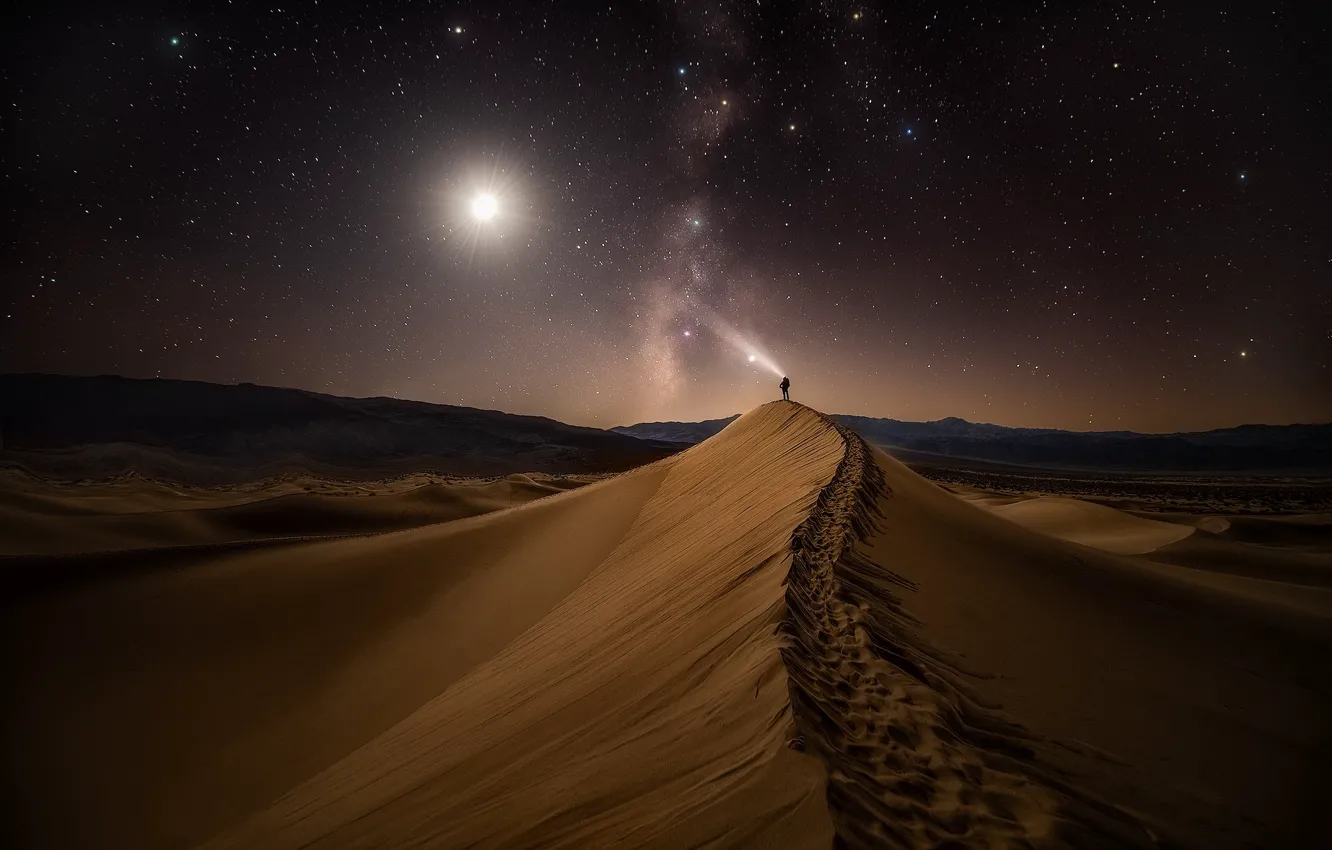 Photo wallpaper sand, light, mountains, night, the dunes, desert, people, dunes