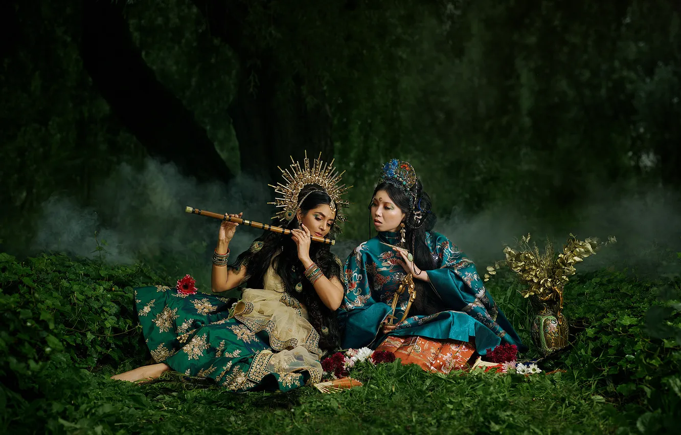 Photo wallpaper greens, forest, grass, girl, decoration, trees, nature, pose