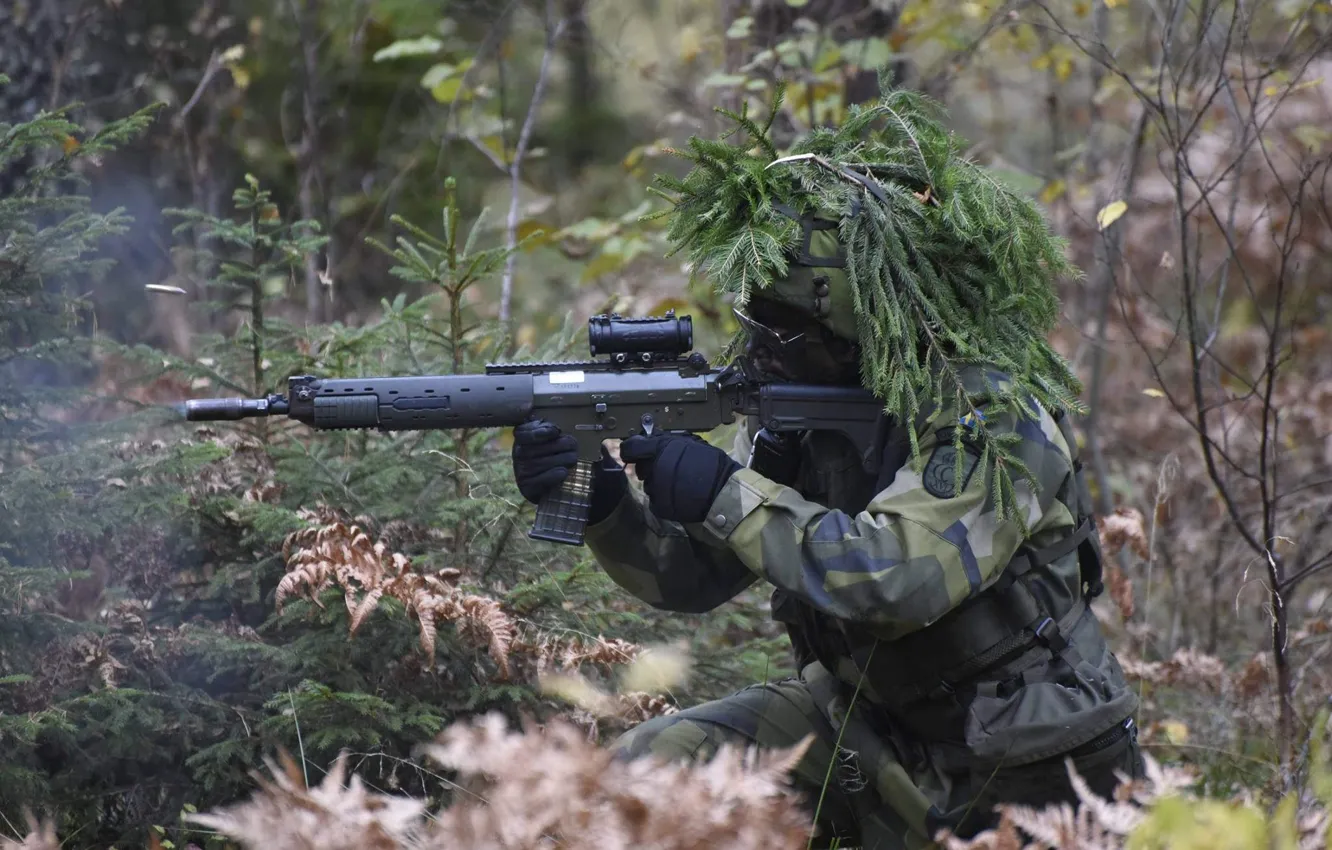 Photo wallpaper forest, weapons, soldiers, Swedish Army