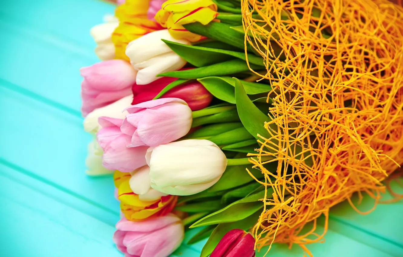 Photo wallpaper flowers, bouquet, spring, colorful, tulips, fresh, pink, flowers