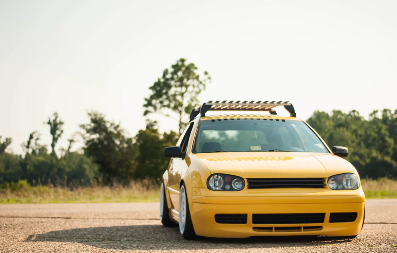 Photo wallpaper yellow, tuning, volkswagen, Golf, golf, the front, gti