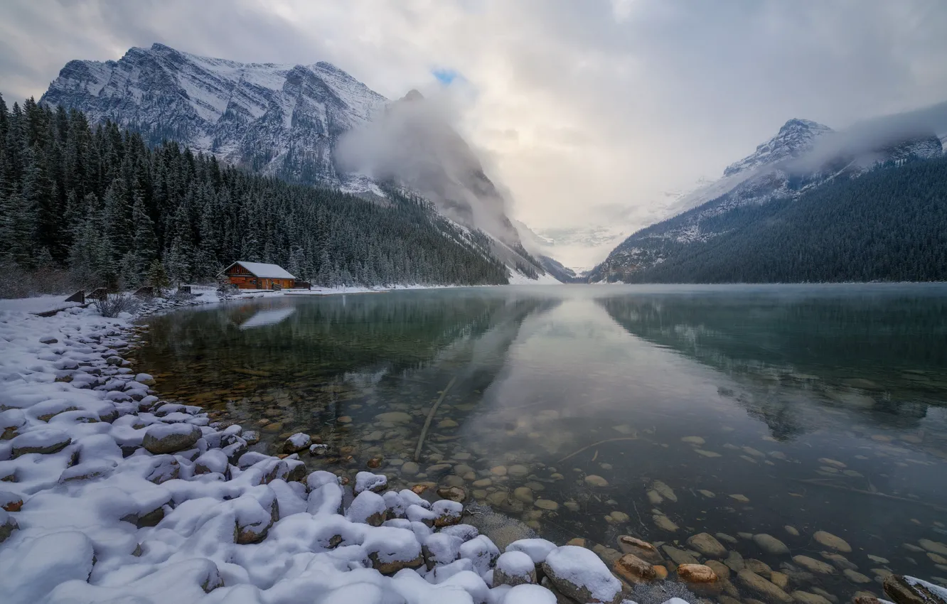 Photo wallpaper winter, frost, forest, clouds, snow, mountains, lake, stones