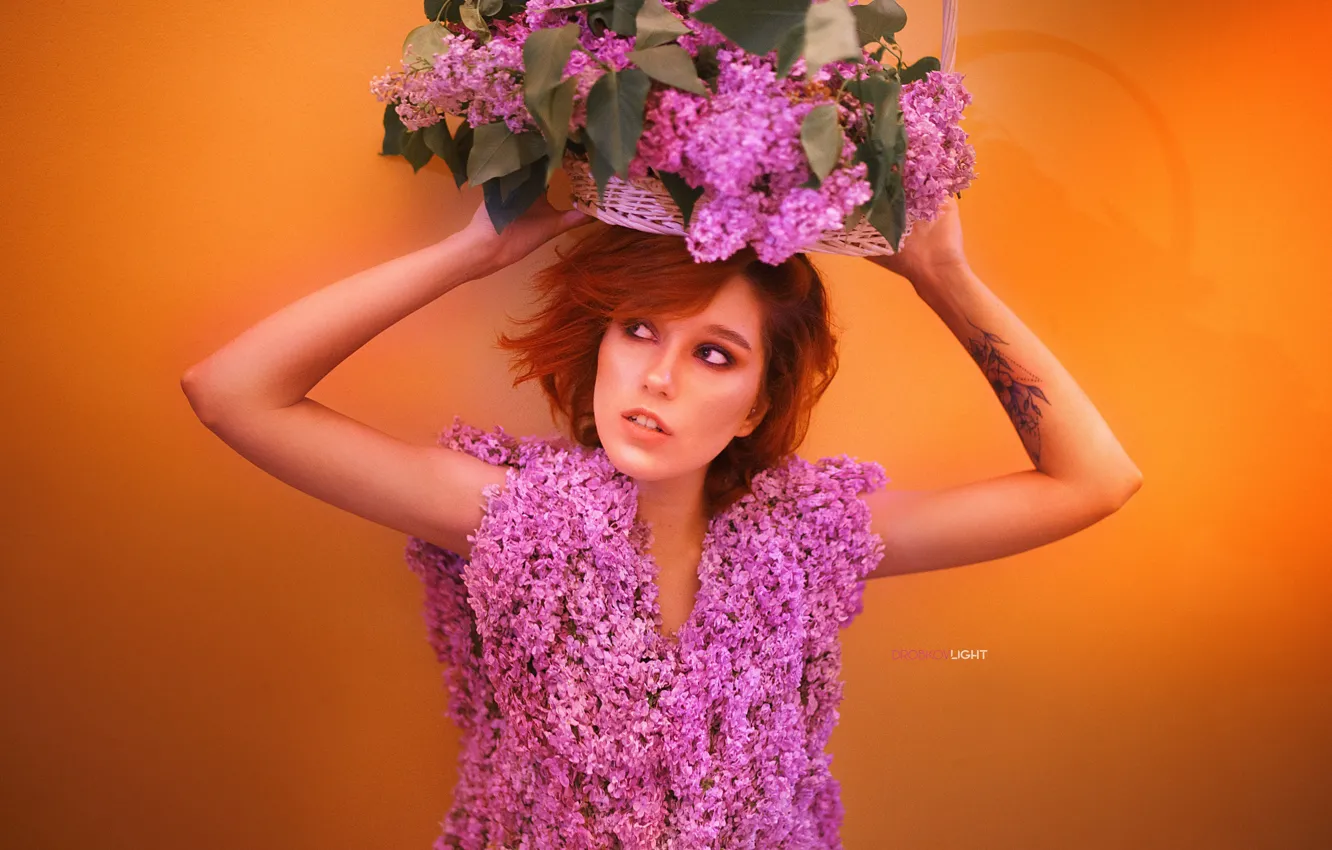 Photo wallpaper girl, pose, background, hands, tattoo, basket, lilac, Alexander Drobkov-Light