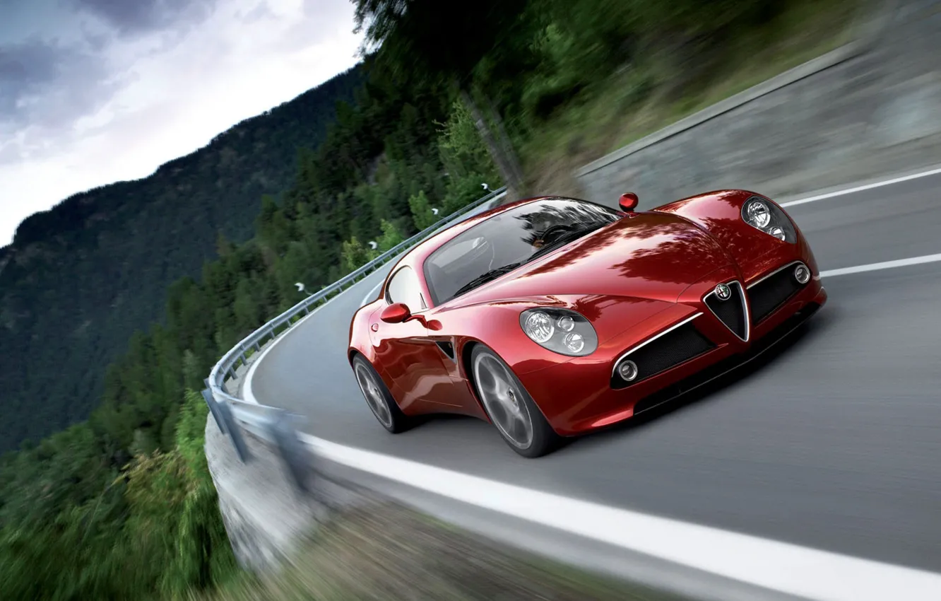 Photo wallpaper road, mountains, red, speed, Alfa Romeo 8С