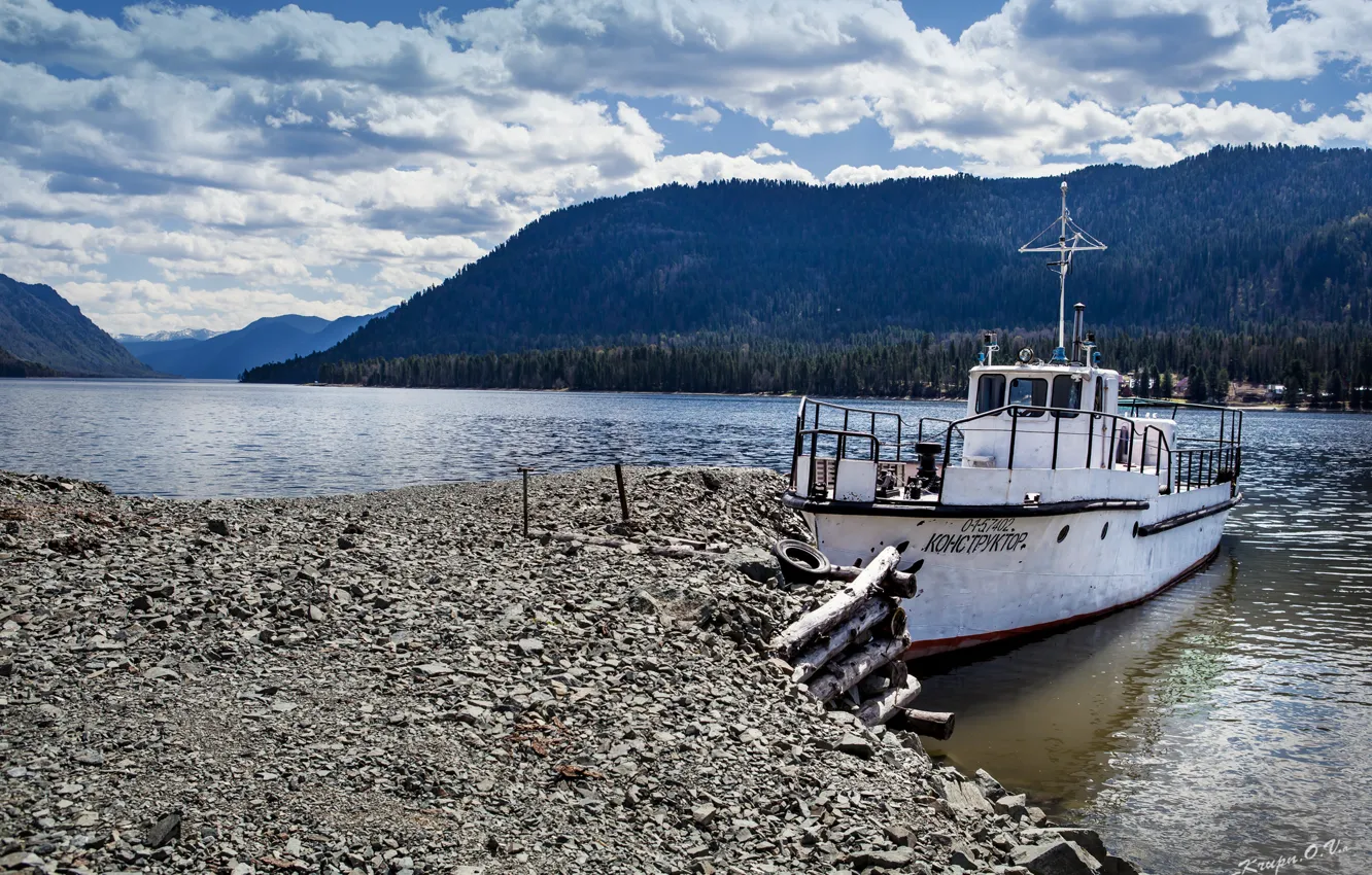 Photo wallpaper clouds, mountains, nature, lake, boat, ship, Altay, Teletskoye