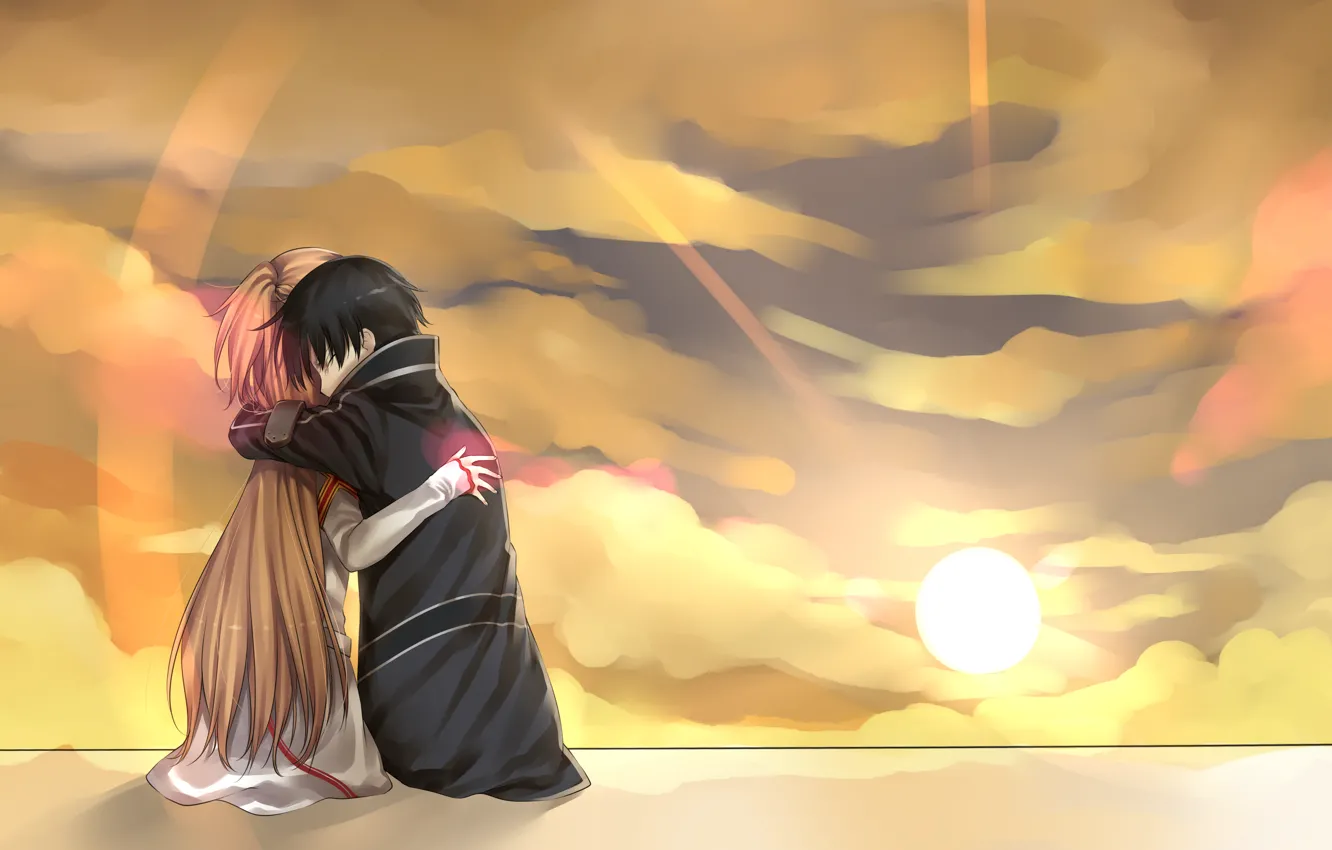 Photo wallpaper girl, the sun, cloud, pair, male, Anime, cloak, long hair