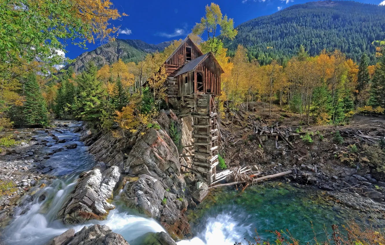 Photo wallpaper autumn, trees, mountains, river, stream, Colorado, USA, Crystal Mill