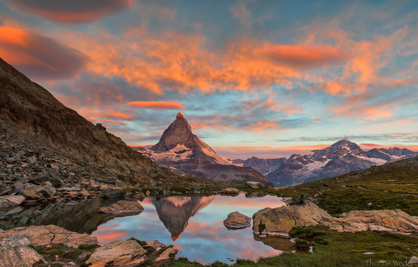 Photo wallpaper landscape, sunset, mountains, lake