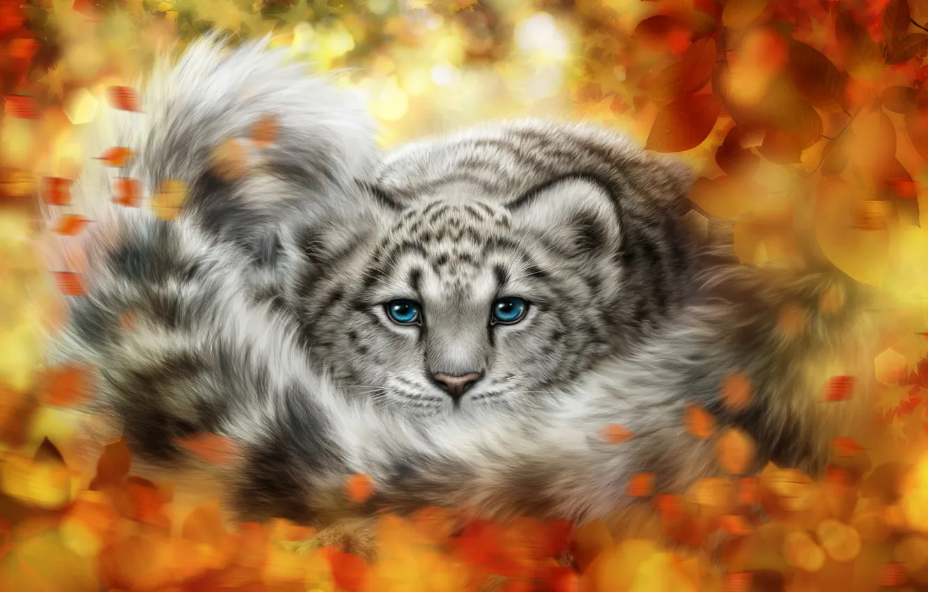 Photo wallpaper look, leaves, leopard, IRBIS, snow leopard