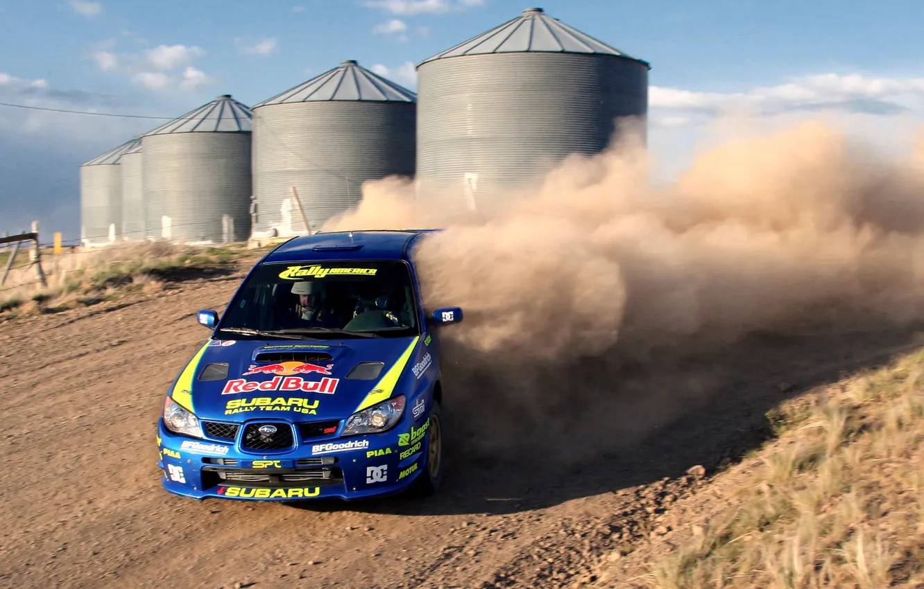 Photo wallpaper road, sand, speed, dust, subaru, rally, rally, impreza