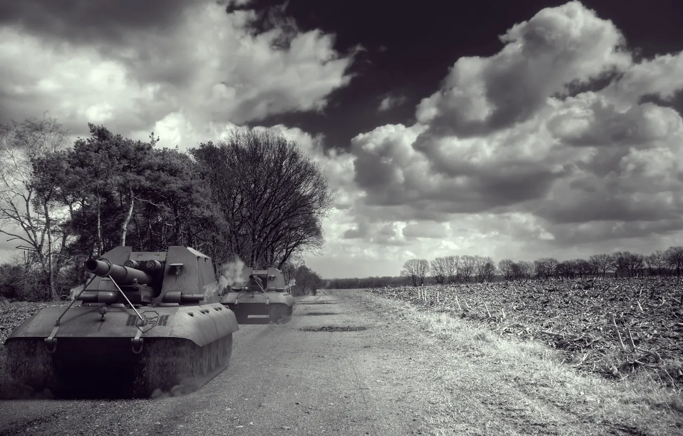 Photo wallpaper clouds, Germany, art, black and white, tank, artillery, SAU, WoT