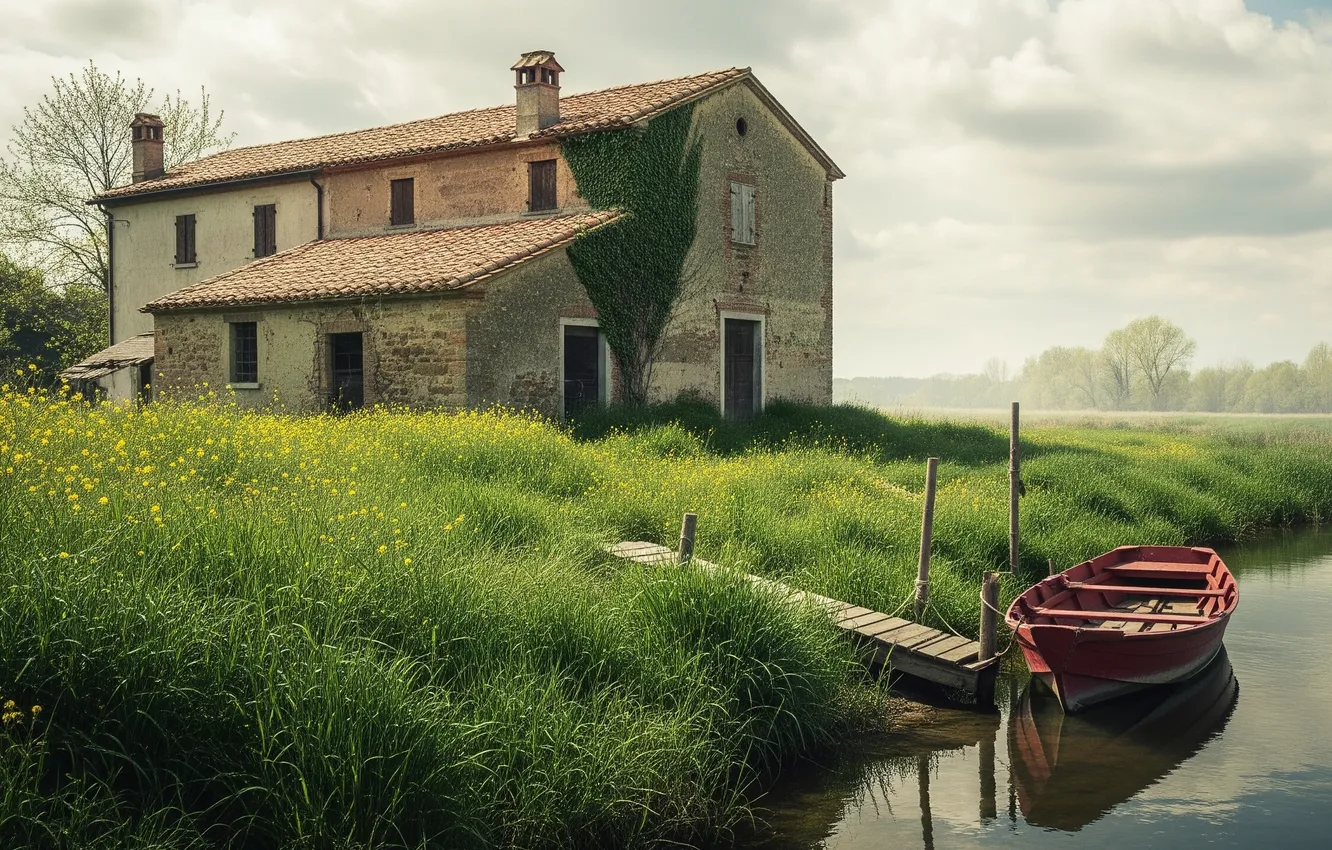 Photo wallpaper the sky, Wallpaper, shore, boat, art, wallpaper, sky, art