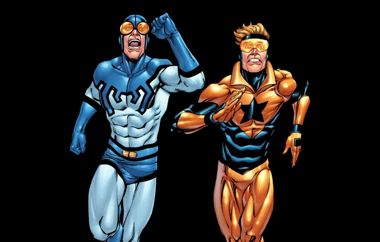 Photo wallpaper comics, running, Booster gold, Booster Gold, blue beetle, Blue Beetle