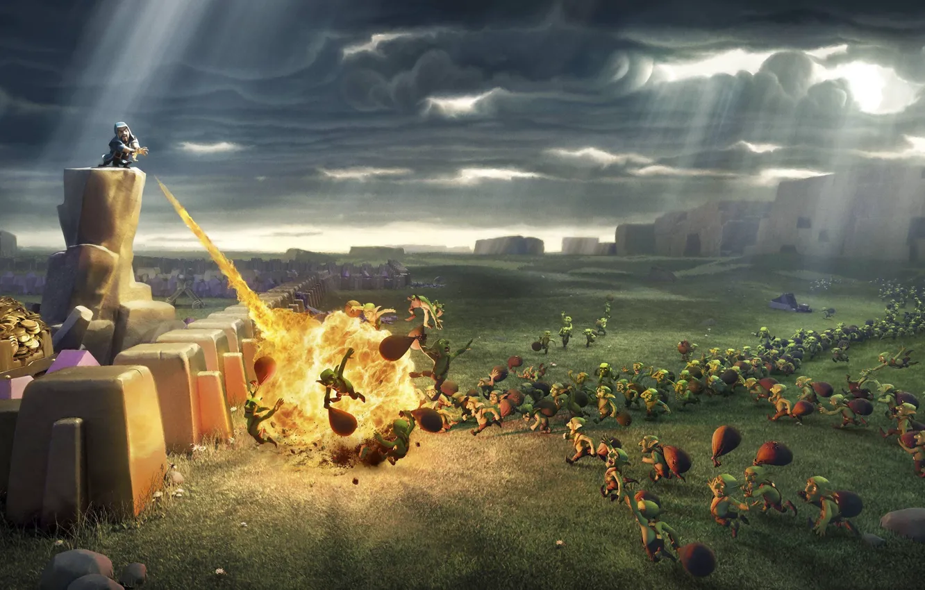 Photo wallpaper fire, flame, game, war, spark, Goblins, Clash Of Clans, Wiz