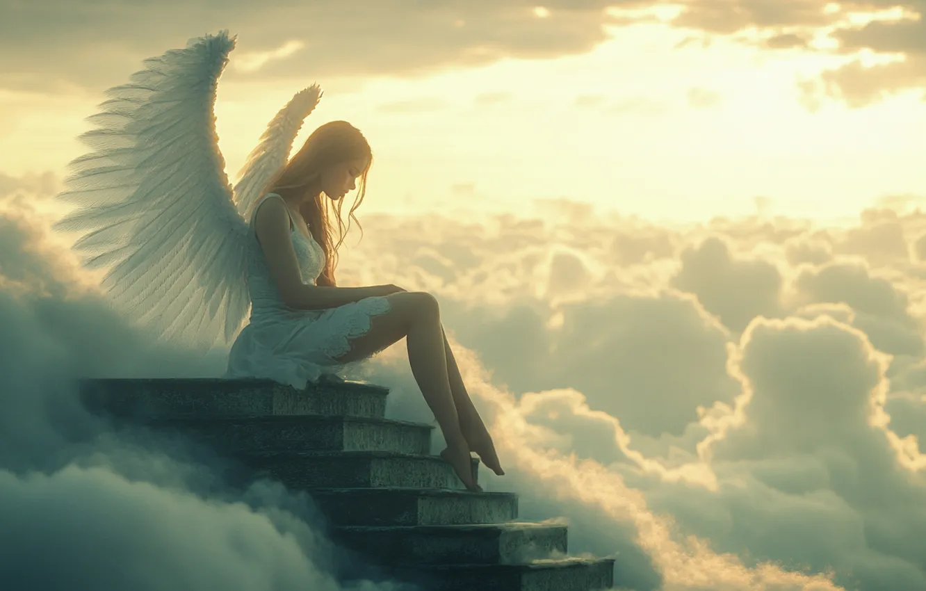 Photo wallpaper girl, clouds, hair, wings, angel, ladder, digital art, AI art