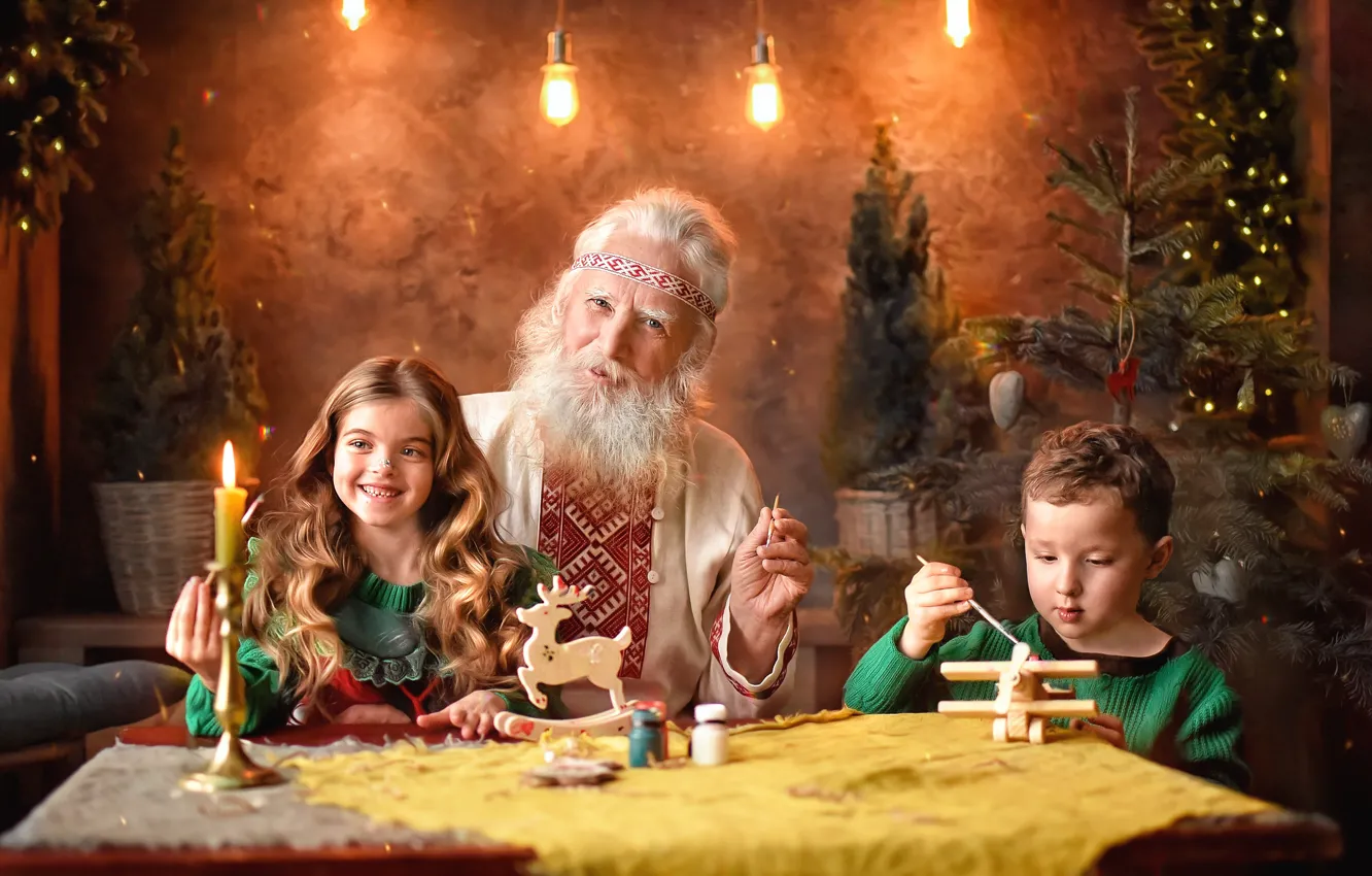 Photo wallpaper children, toys, candle, boy, ate, girl, grandfather, the old man