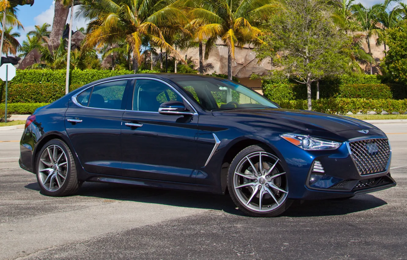 Photo wallpaper car, street, sedan, drives, side, Genesis, blue car, G70