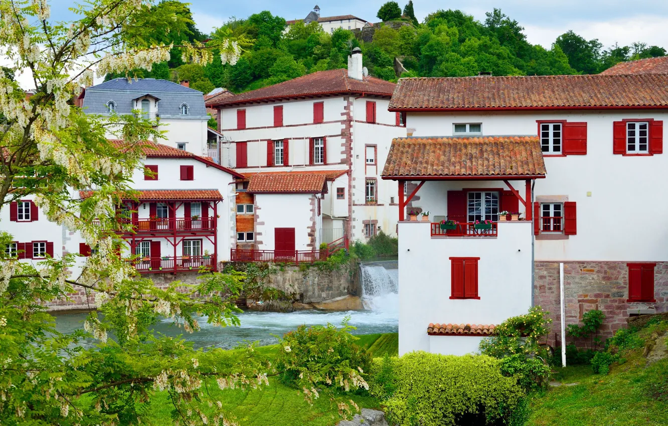 Photo wallpaper the city, river, home, Basque town in French Pyrenees