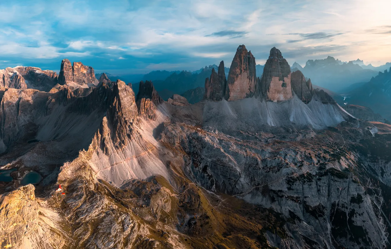 Photo wallpaper mountains, rocks, tops, height, house, The Dolomites