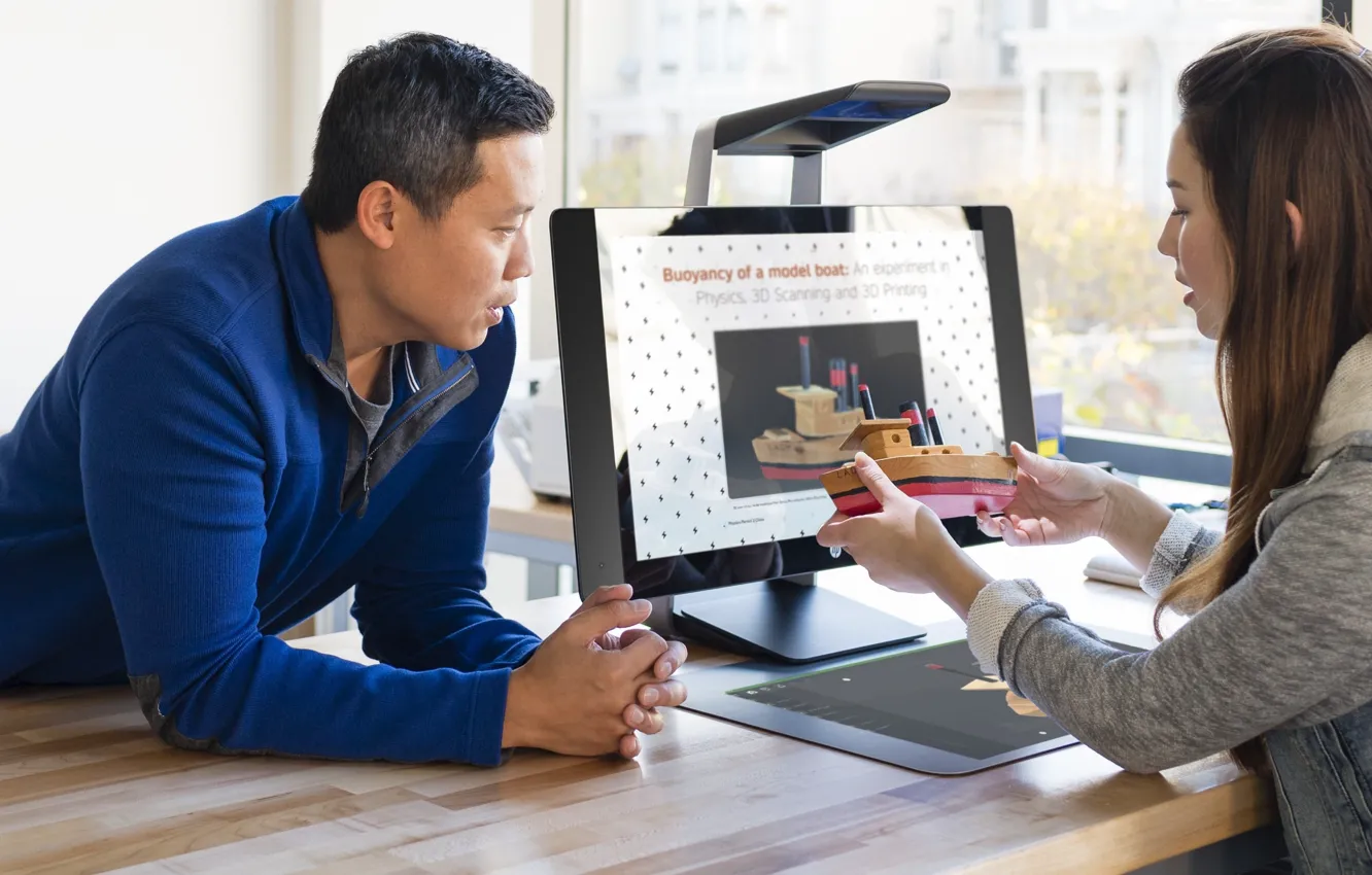 Photo wallpaper woman, computer, man, Project, desk, CES 2017, monoblock PC, HP Sprout Pro G2