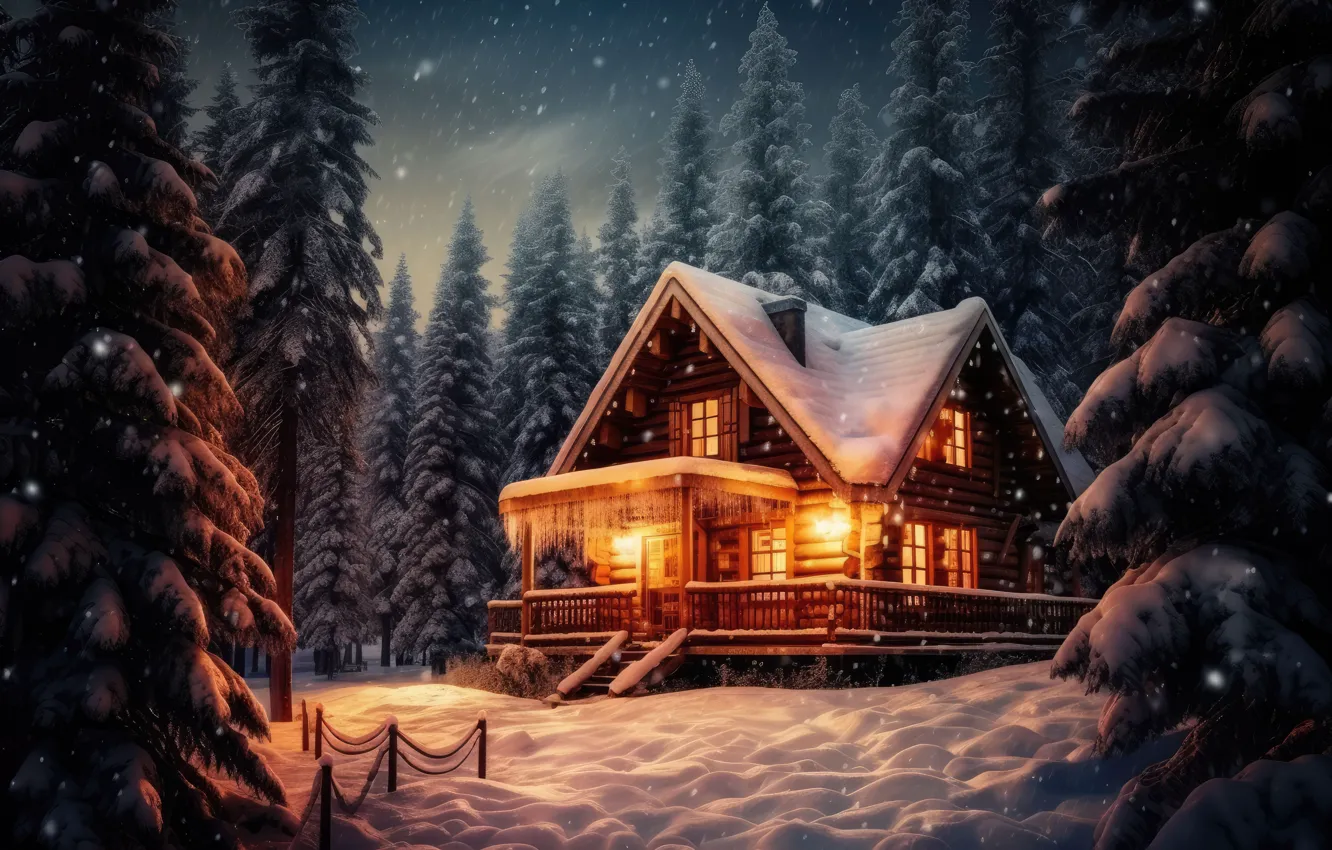 Photo wallpaper winter, forest, snow, night, new year, home, Christmas, house