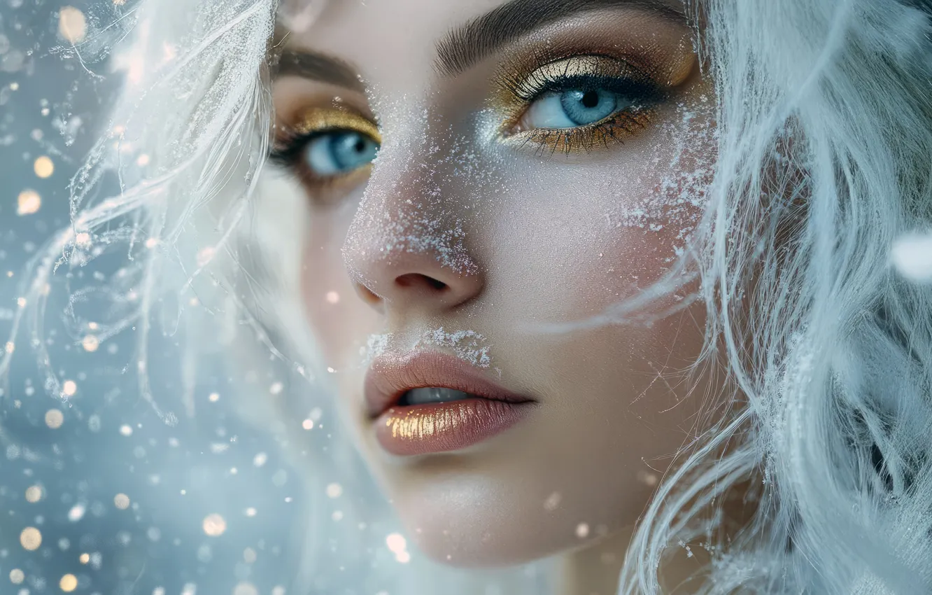 Photo wallpaper winter, frost, look, girl, snow, face, winter, Shine