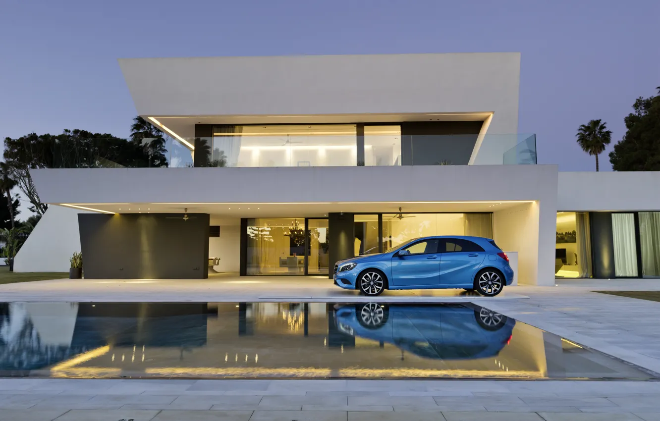 Photo wallpaper blue, house, pool, Mercedes, Mercedes, A class