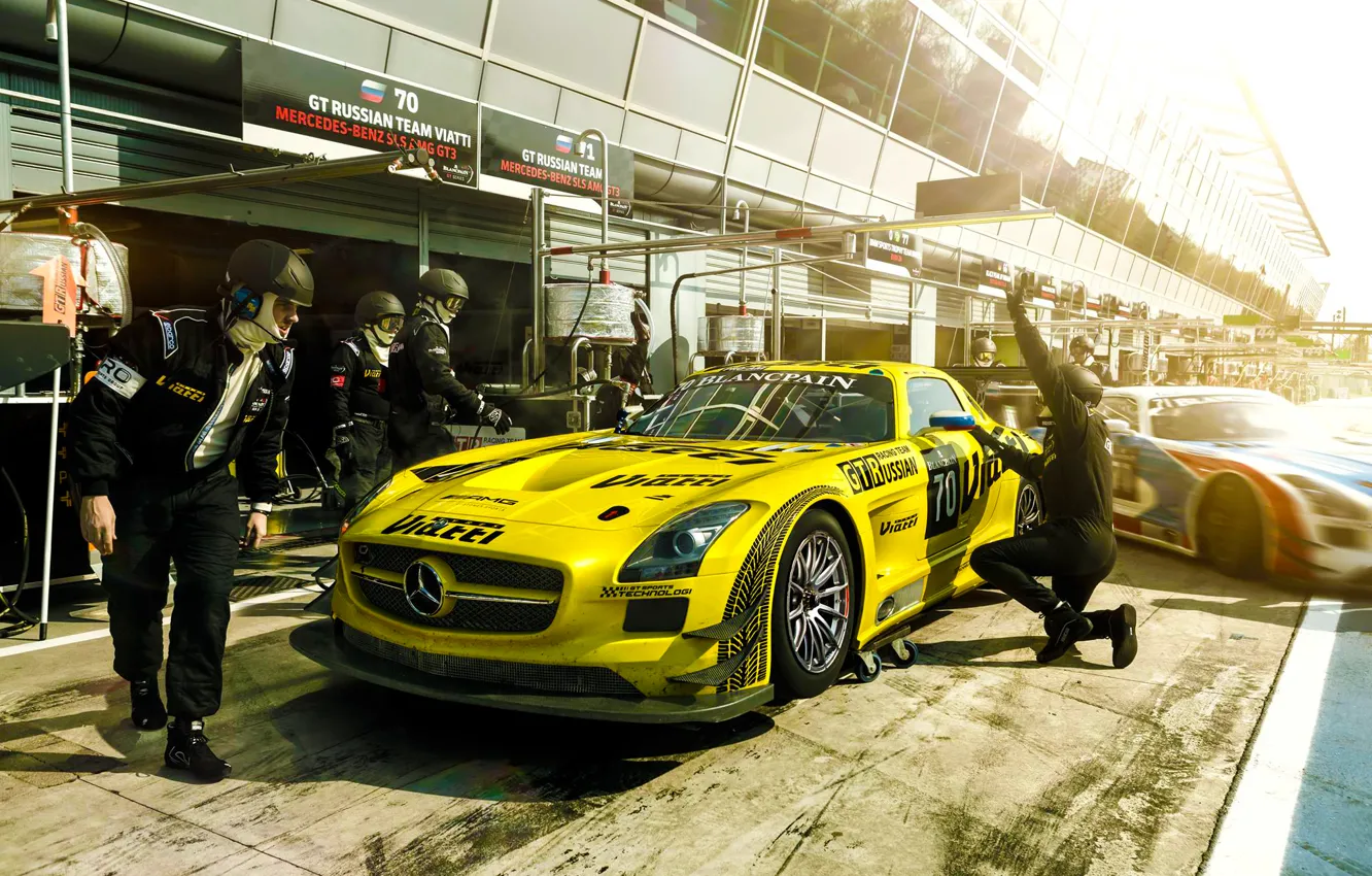 Photo wallpaper Mercedes-Benz, Race, AMG, SLS, GT3, Yellow, Team, Russian