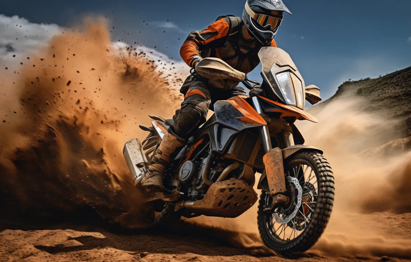 Photo wallpaper squirt, dust, dirt, motorcycle, athlete, male, Motorsport, digital art