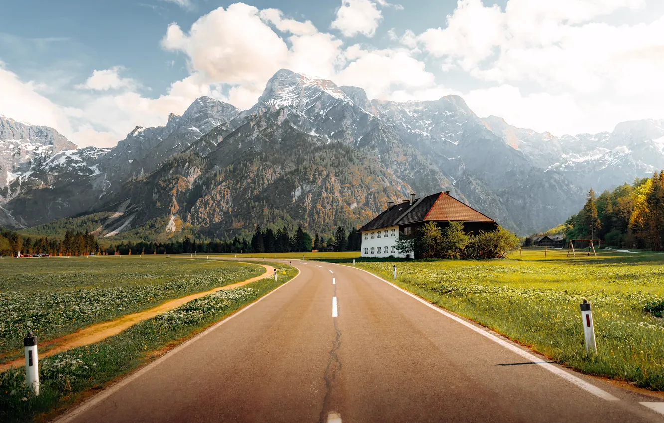 Photo wallpaper house, grass, road, sky, trees, field, nature, mountains