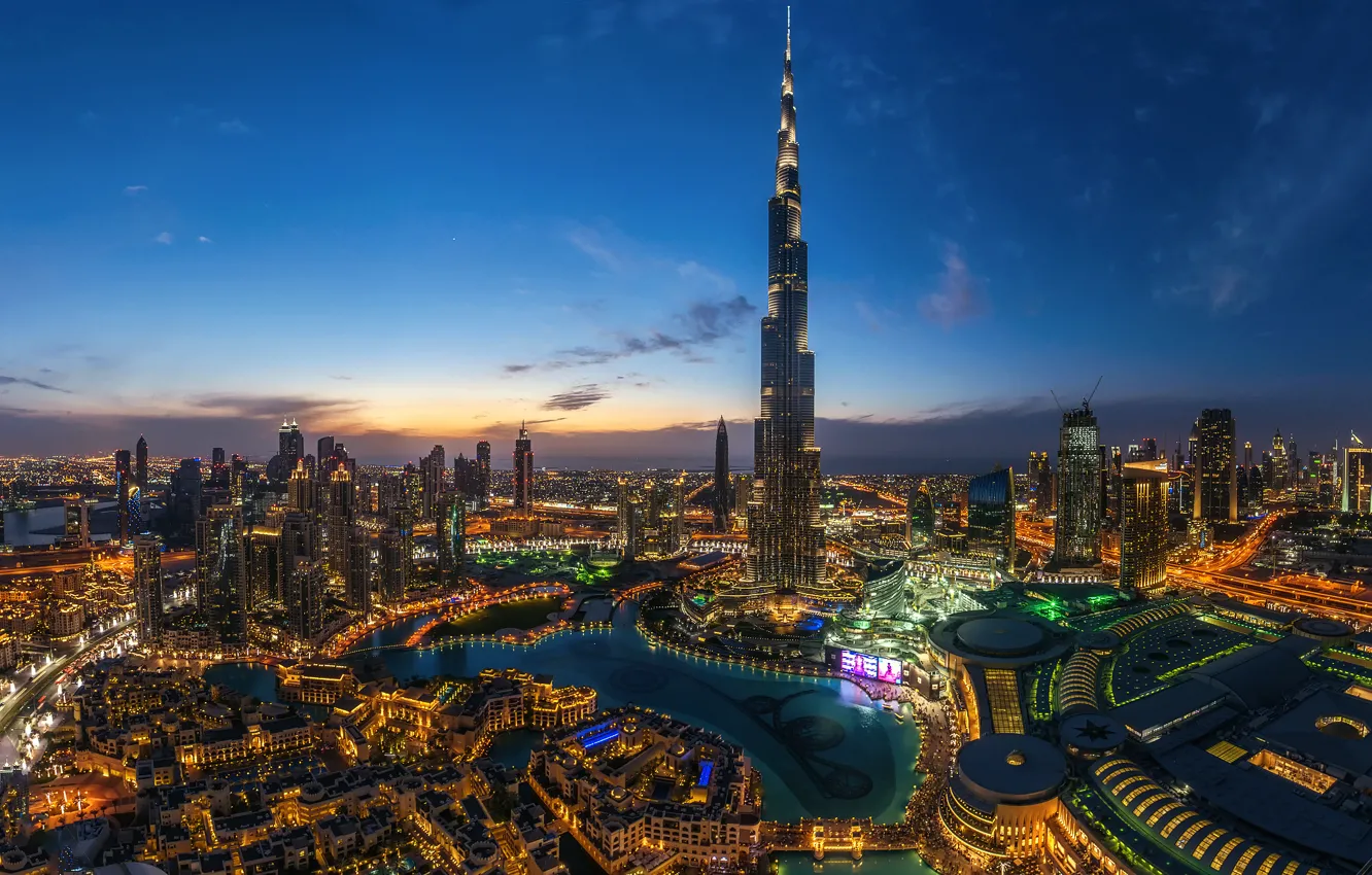 Photo wallpaper the city, lights, the evening, Dubai, Dubai, UAE, Burj Khalifa