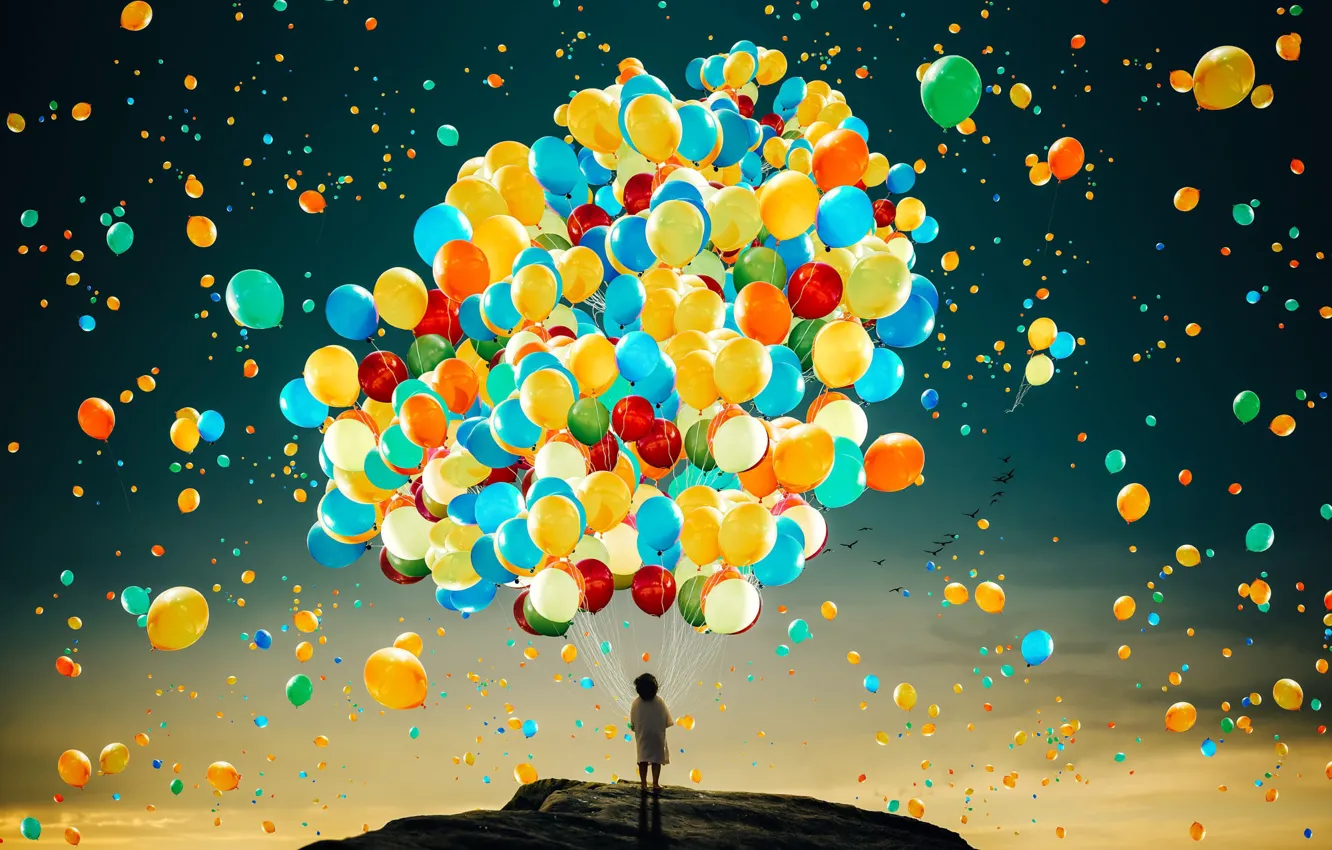 Photo wallpaper the sky, dream, light, flight, sunset, children, rendering, fantasy