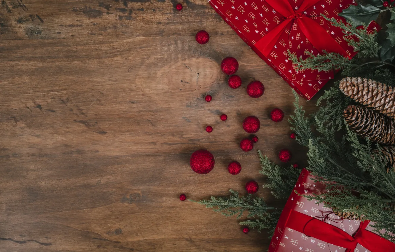 Photo wallpaper gift, balls, new year, Christmas, Christmas, balls, wood, New Year