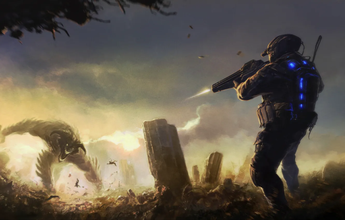 Photo wallpaper weapons, monster, shot, soldiers, the ruins, fight